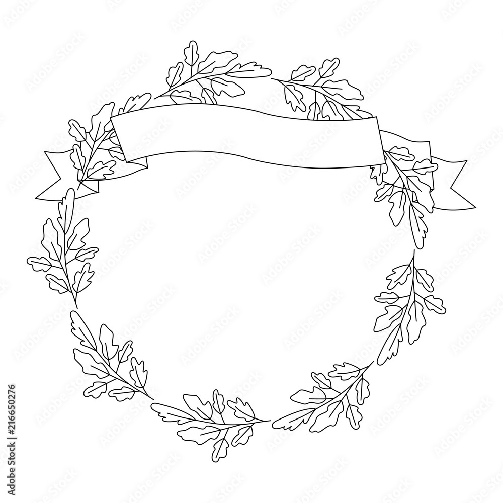 crown leafs and ribbon circular frame vector illustration design