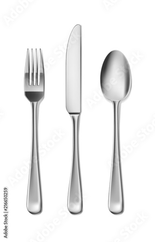 Steel Cutlery, knife, fork and spoon in realistic style. Fork and knife spoonset design isolated on white. Vector illustration