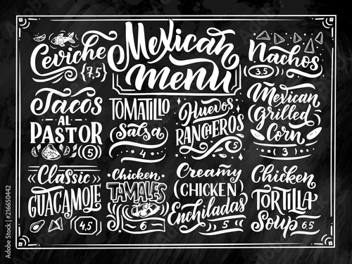 Mexican Menu lettering with traditional food names Guacamole, Enchilada, Tacos, Nachos and more. Vector vintage illustration on chalk background