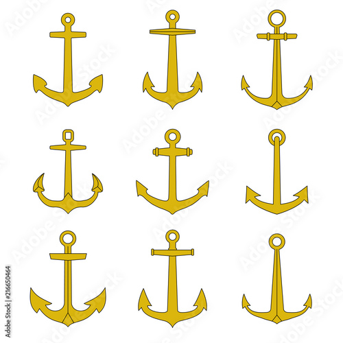Anchor outline icons set. Marine and nautical emblems collection.