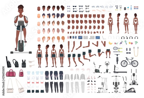 African American sportswoman or female athlete DIY or animation kit. Set of slim girl's body parts, sports apparel, gym exercise machines isolated on white background. Cartoon vector illustration.