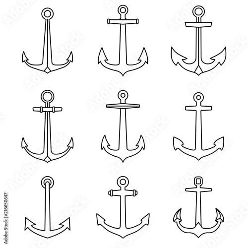 Anchor outline icons set. Marine and nautical emblems collection.