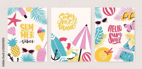 Collection of summer card or flyer templates with decorative summertime lettering and tropical exotic paradise beach attributes. Colorful creative seasonal vector illustration in flat cartoon style.