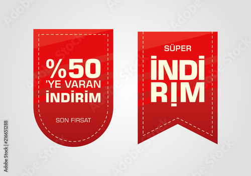 İndirim etiketleri yazilari. Translation from turkish: Sale offer badges. Red promo seals/stickers. Isolated vector illustration