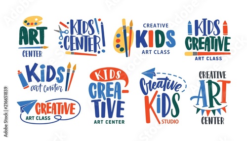 Collection of letterings handwritten with calligraphic fonts for logo of art class or creative studio for children. Set of inscriptions for kids' creativity center logotype. Vector illustration.