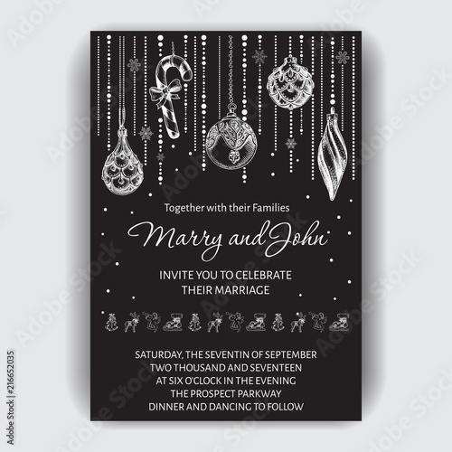 Vector illustration sketch Hjliday. Invitation for a winter wedding. Greeting card with snowflakes.