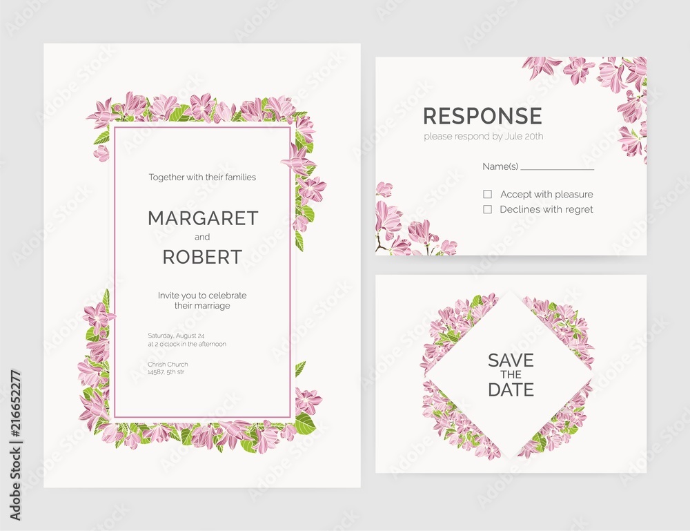 Set of gorgeous wedding invitation, save the date and response card templates decorated by magnolia tree flowers hand drawn on white background. Natural vector illustration for event celebration.
