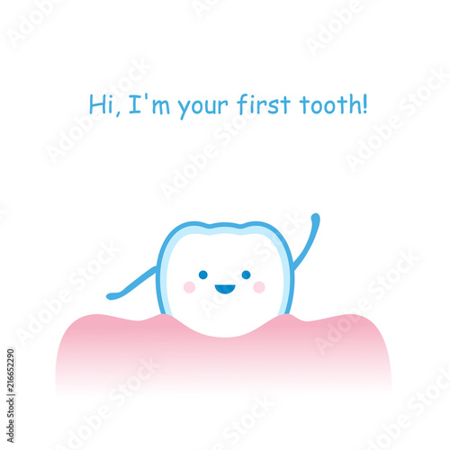 Vector illustration of children congratulations on first tooth. Cute smiling newborn tooth waving and saying hello