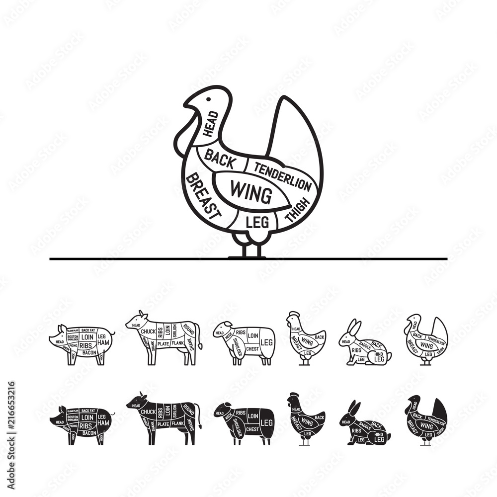 Diagrams for butcher shop - turkey. Meat cuts. Animal silhouette, pig, cow,  lamb, chicken, turkey, rabbit. Vector illustration. Stock Vector | Adobe  Stock