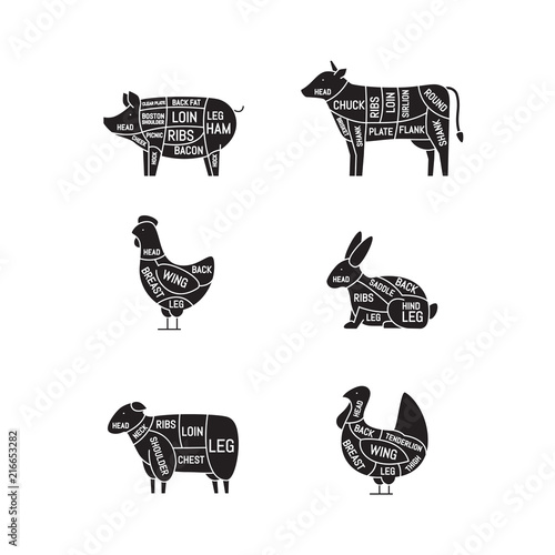 Diagrams for butcher shop. Meat cuts. Animal silhouette, pig, cow, lamb, chicken, turkey, rabbit. Vector illustration.