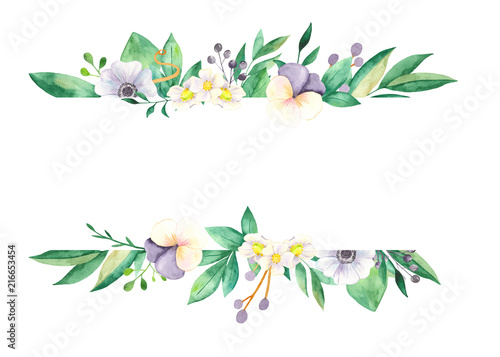 Watercolor floral banner on a white background. Pansies, anemone, flowers of strawberries, berries, leaves, branches, foliage. Perfect for weddings, design invitations, thank you, postcards. photo