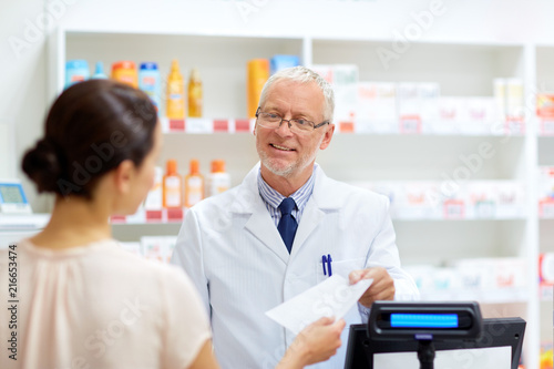 medicine  healthcare and people concept - senior apothecary taking prescription from customer at pharmacy