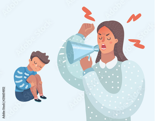 Angry mom little sad crying boy.
