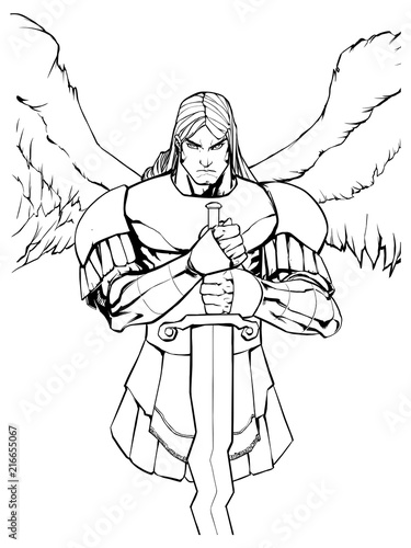Line art portrait of Archangel Michael holding his sword. 