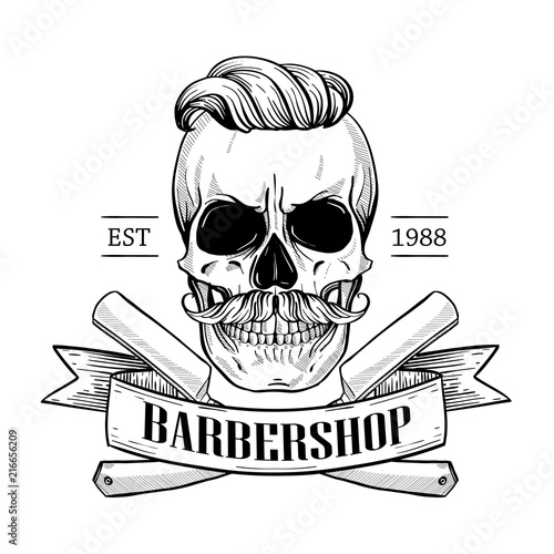 Barbershop logo, angry sticker with skull