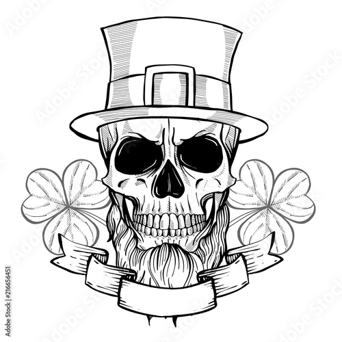 Hand drawn angry skull of leprechaun