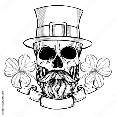 Hand drawn angry skull of leprechaun