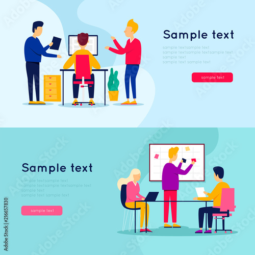 Office life, meeting, brainstorming, business, conference, courses, lectures. Banners. Flat style vector illustration.