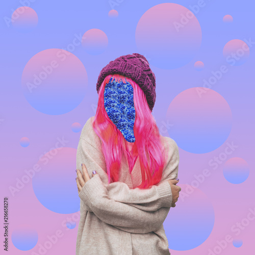 Fototapeta The girl with pink hair and floral pattern instead of a face in the background of bubbles. Contemporary art collage. Concept of memphis style posters. Abstract minimalism