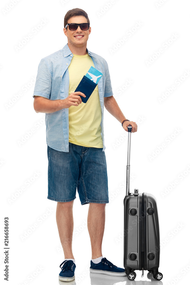 tourism, summer holidays and vacation concept - smiling young man in sunglasses with travel bag and air ticket over white background tourism, summer holidays and vacation concept - smiling young man in sunglasses with travel bag and air ticket over white background