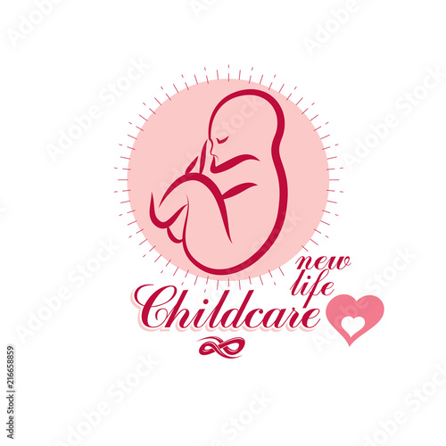 Human fetus hand-drawn vector emblem isolated on white. New life conceptual symbol. Maternity ward abstract emblem