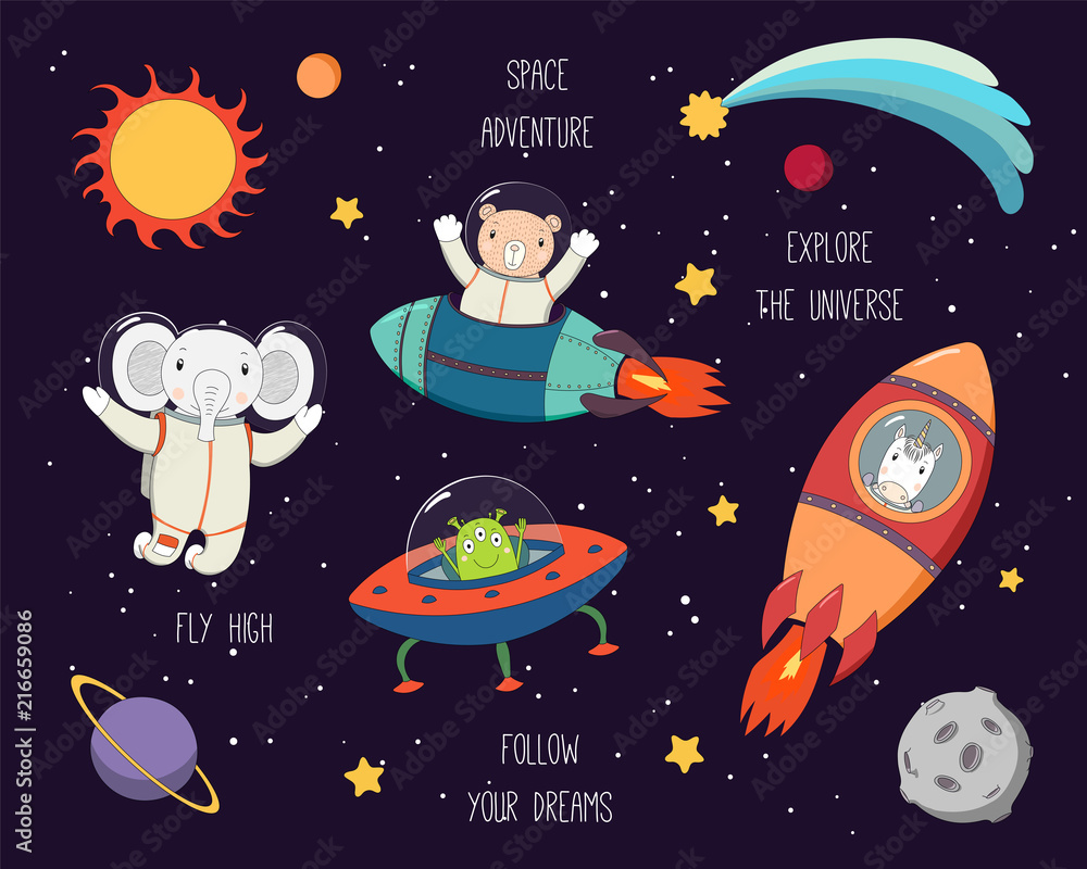 Fototapeten   - Set aus niedlichen lustigen Elefanten, Bären, Einhorn-Astronauten, Alien im Weltraum, mit Planeten, Sternen, Zitaten. Handgezeichnete Vektor-Illustration. Strichzeichnung. Designkonzept für Kinderdruck. #216659086