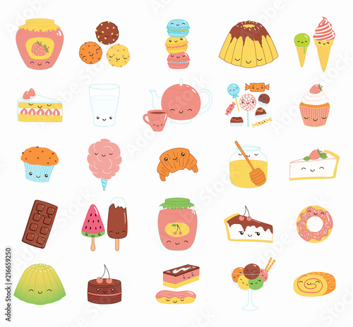 Set of kawaii funny sweet food doodle icons with cake, cookies, ice cream, candy, jam, macarons. Isolated objects. Hand drawn vector illustration. Line drawing. Design concept dessert, kids print.