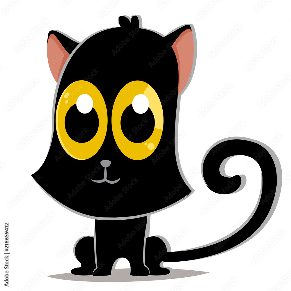 Cute black cat with big yellow eyes vector cartoon character isolated on white background.