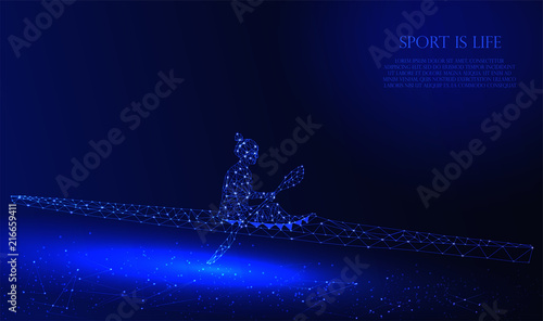 Abstract geometry polygonal girl on a kayak. Low poly vector illustration like starry sky, made with triangles, points and lines. Sport concept