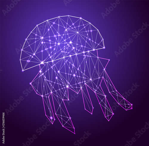 Abstract geometry polygonal jellyfish. Low poly vector illustration like starry sky, made with triangles, points and lines