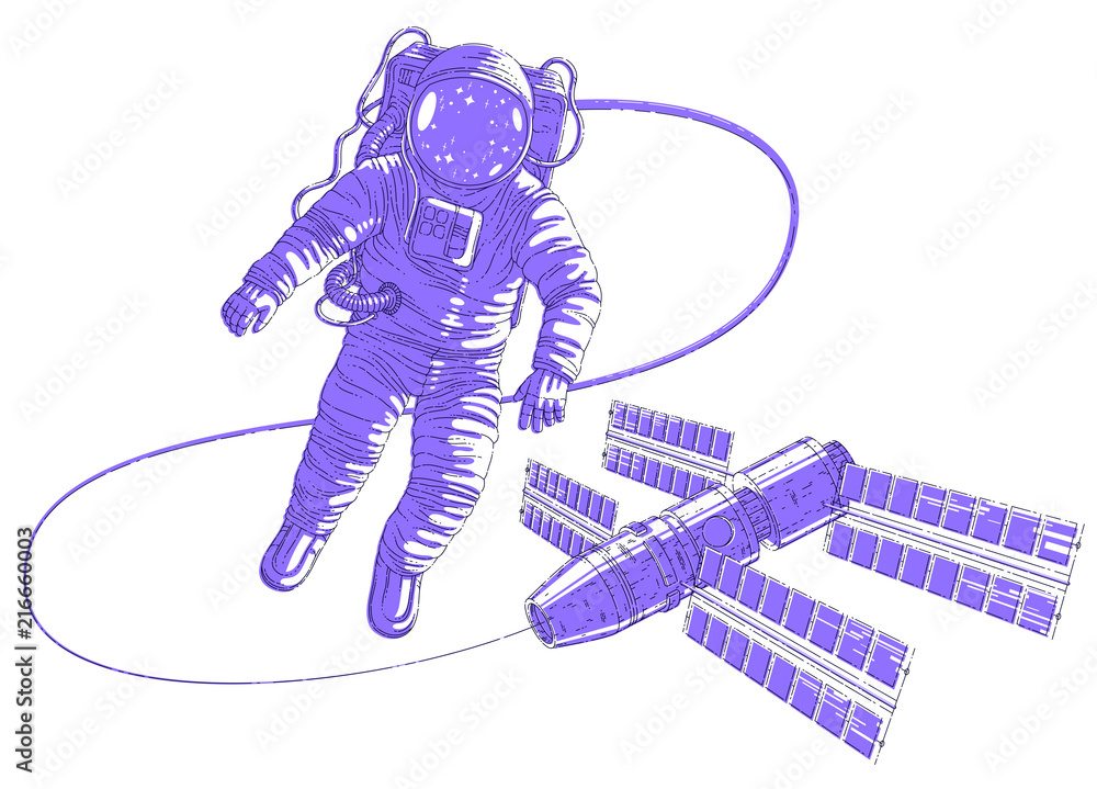 Fototapeta premium Spaceman flying in open space connected to space station, astronaut man or woman in spacesuit floating in weightlessness and iss spacecraft behind him. Vector illustration isolated over white.