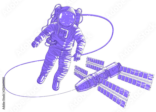 Spaceman flying in open space connected to space station, astronaut man or woman in spacesuit floating in weightlessness and iss spacecraft behind him. Vector illustration isolated over white.