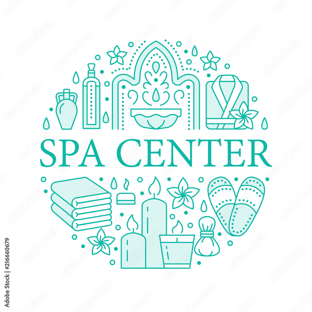 Spa center banner illustration with flat line icons. Essential oils, aromatherapy massage, turkish steam bath hamam sauna. Circle template thin linear signs body treatments. Spa center banner illustration with flat line icons. Essential oils, aromatherapy massage, turkish steam bath hamam sauna. Circle template thin linear signs body treatments.