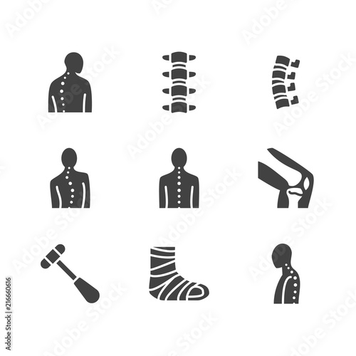 Spine, backbone flat glyph icons. Orthopedics clinic, medical rehab, back trauma, broken bone, posture correction, scoliosis. Health care, hospital vector signs. Solid silhouette pixel perfect 64x64