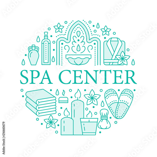 Spa center banner illustration with flat line icons. Essential oils, aromatherapy massage, turkish steam bath hamam sauna. Circle template thin linear signs body treatments.