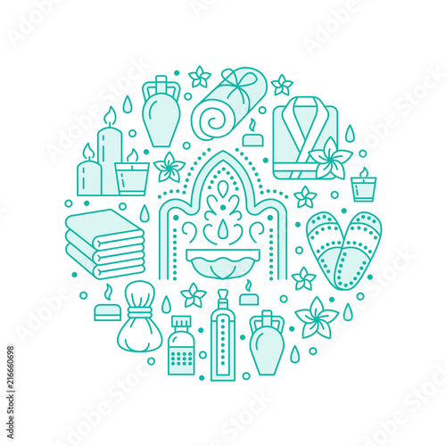Spa center banner illustration with flat line icons. Essential oils, aromatherapy massage, turkish steam bath hamam sauna, bathrobe. Circle template thin linear signs body treatments.