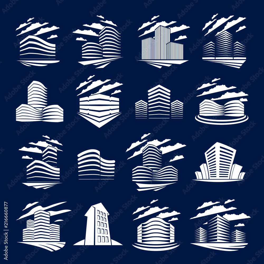 Futuristic buildings set, modern vector architecture illustrations. Real estate realty business center designs. 3D business office facades in big city. Can be used as a logos or icons over black. Futuristic buildings set, modern vector architecture illustrations. Real estate realty business center designs. 3D business office facades in big city. Can be used as a logos or icons over black.