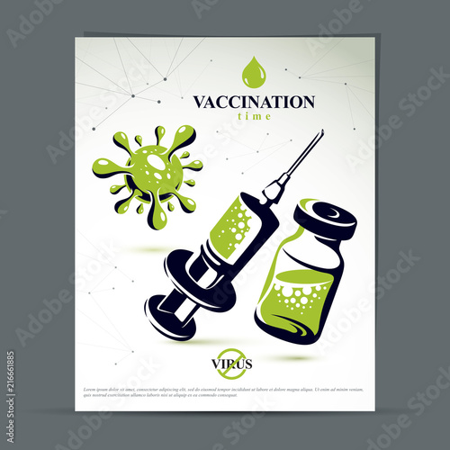 Scheduled vaccination theme presentation flyer. Vector graphic illustration of medical bottle and syringe for injections.