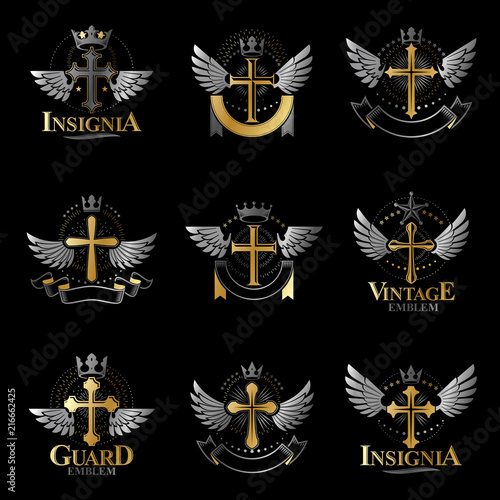 Crosses of Christianity Religion emblems set. Heraldic Coat of Arms decorative logos isolated vector illustrations collection.