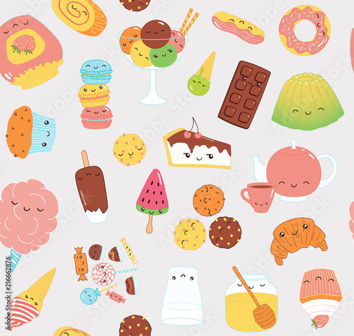 Hand drawn seamless vector pattern with kawaii funny sweet food doodles of cake, cookies, ice cream, candy, jam, macarons. Line drawing. Design concept kids textile print, wallpaper, wrapping paper.