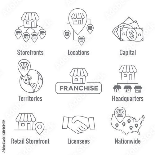 Franchise Icon Set with Home Office, corporate Headquarters and Franchisee Icon Images