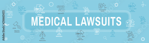 Medical Lawsuits w Pharmaceutical, negligence, and medical malpractice icon set