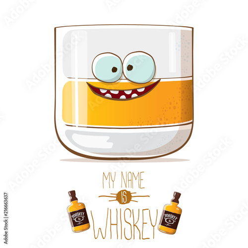 vector funny whiskey glass character isolated on white background. My name is whiskey vector concept. funky hipster alcohol character icon for bars label or menu