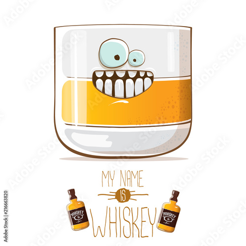vector funny whiskey glass character isolated on white background. My name is whiskey vector concept. funky hipster alcohol character icon for bars label or menu