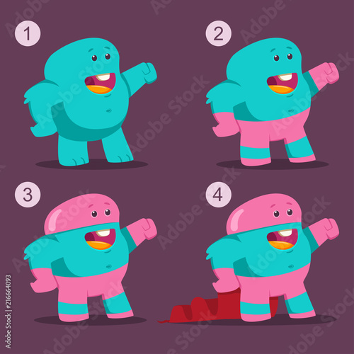 Cute superhero monster in mask and cloak. Vector funny creature flat character set isolated on background.