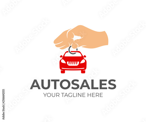 Sale of cars, hand holds key chain with machine, logo design. Autodealer, car showroom and transport, vector design. Transportation and vehicle, illustration
