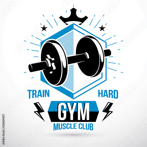 Vector barbell fitness equipment, emblem for heavyweight gym or fitness sport gymnasium