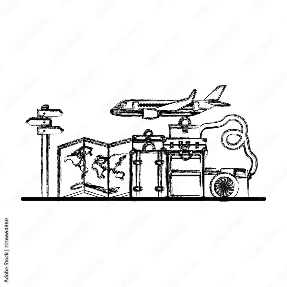 airplane flying with travel set icons vector illustration design