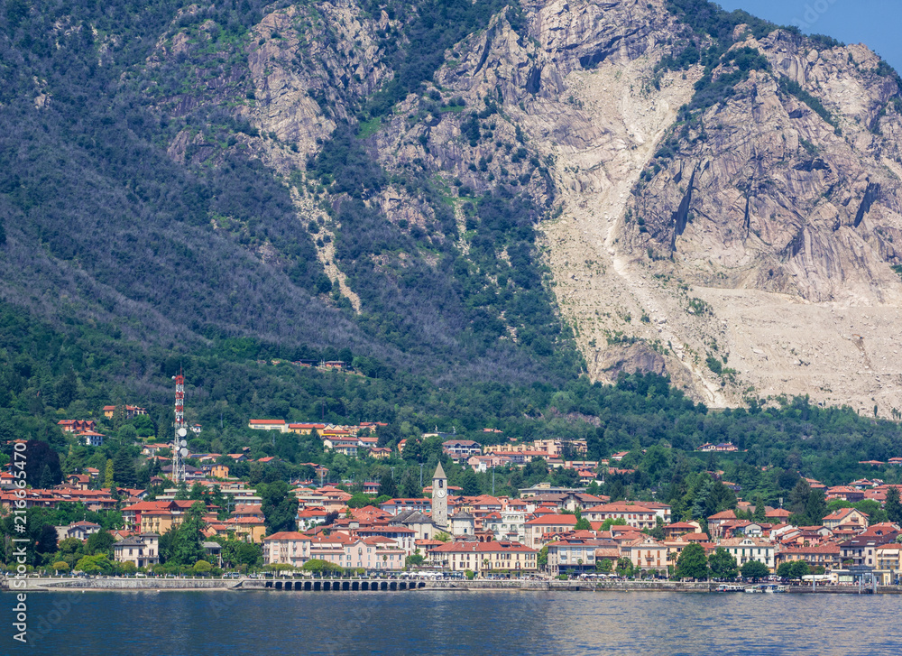 Baveno, a tourist resort on Lake Maggiore and behind Mount Camoscio from which pink granite is extracted. Italy
