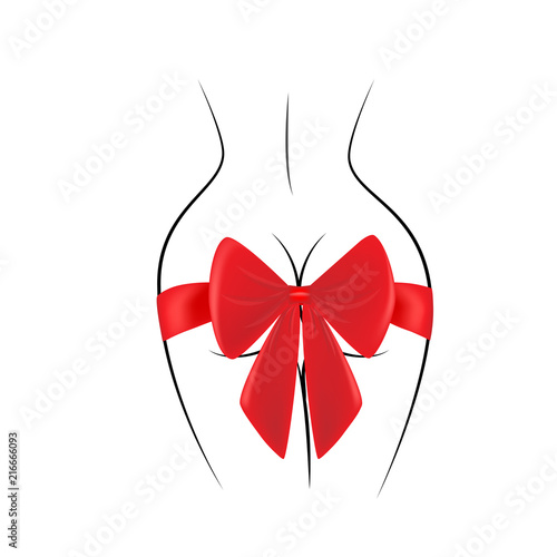 contour of the female back and red gift bow isolated on the black background, square vector illustration
